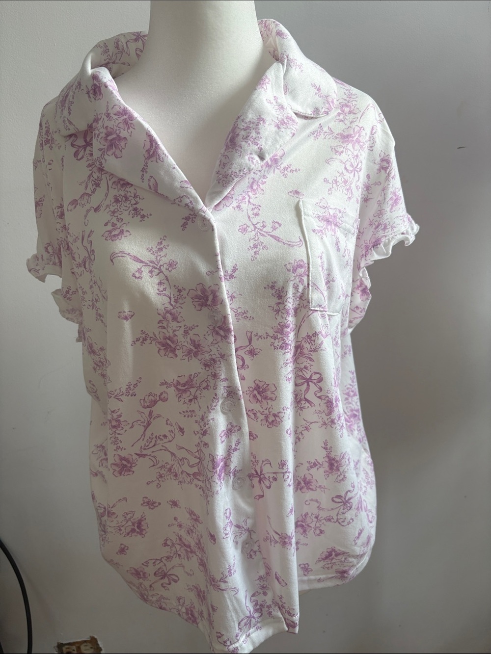 Laura Ashley Cream Pajama Top with Lavender Floral Print
